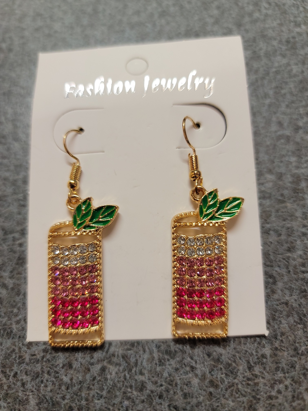Gold-Tone Pink Gradient Rhinestone Drop Earrings with Green Leaf